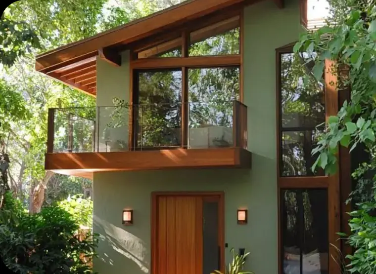 Painted house exterior with a timber balcony and green siding