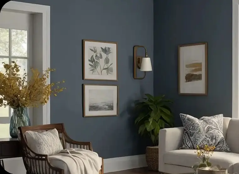 Living room with blue-grey painted walls and white trim
